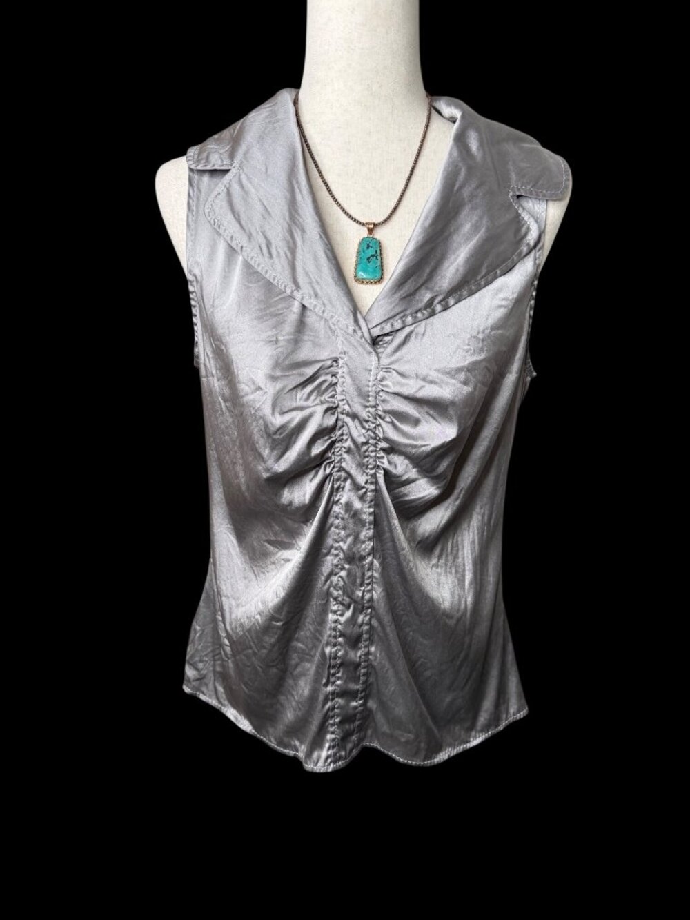 Y2K Vintage Ann Taylor Silk blend L Silver Sleeveless Ruched Blouse Top coquette